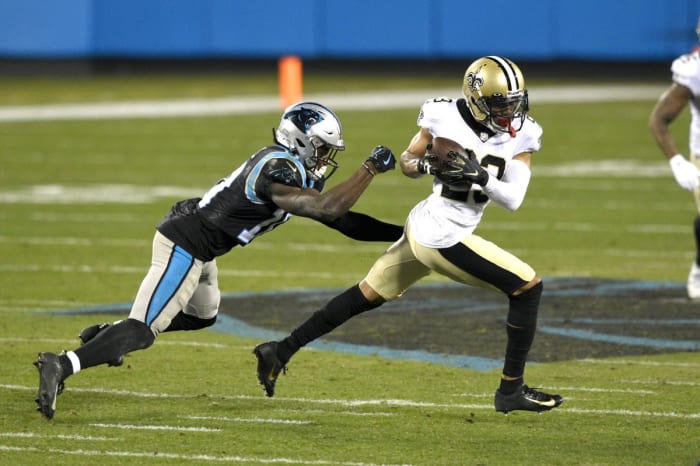 Saints cornerback Marshon Lattimore (23) intercepts a pass intended for Panthers receiver Curtis Samuel (10). Mandatory Credit: Bob Donnan-USA TODAY Sports